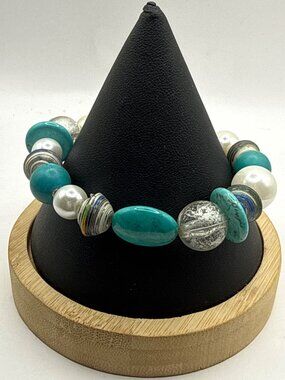 Boho Turquoise & Pearl Beaded Stretch Bracelet Recycled Paper Art Mixed Media
